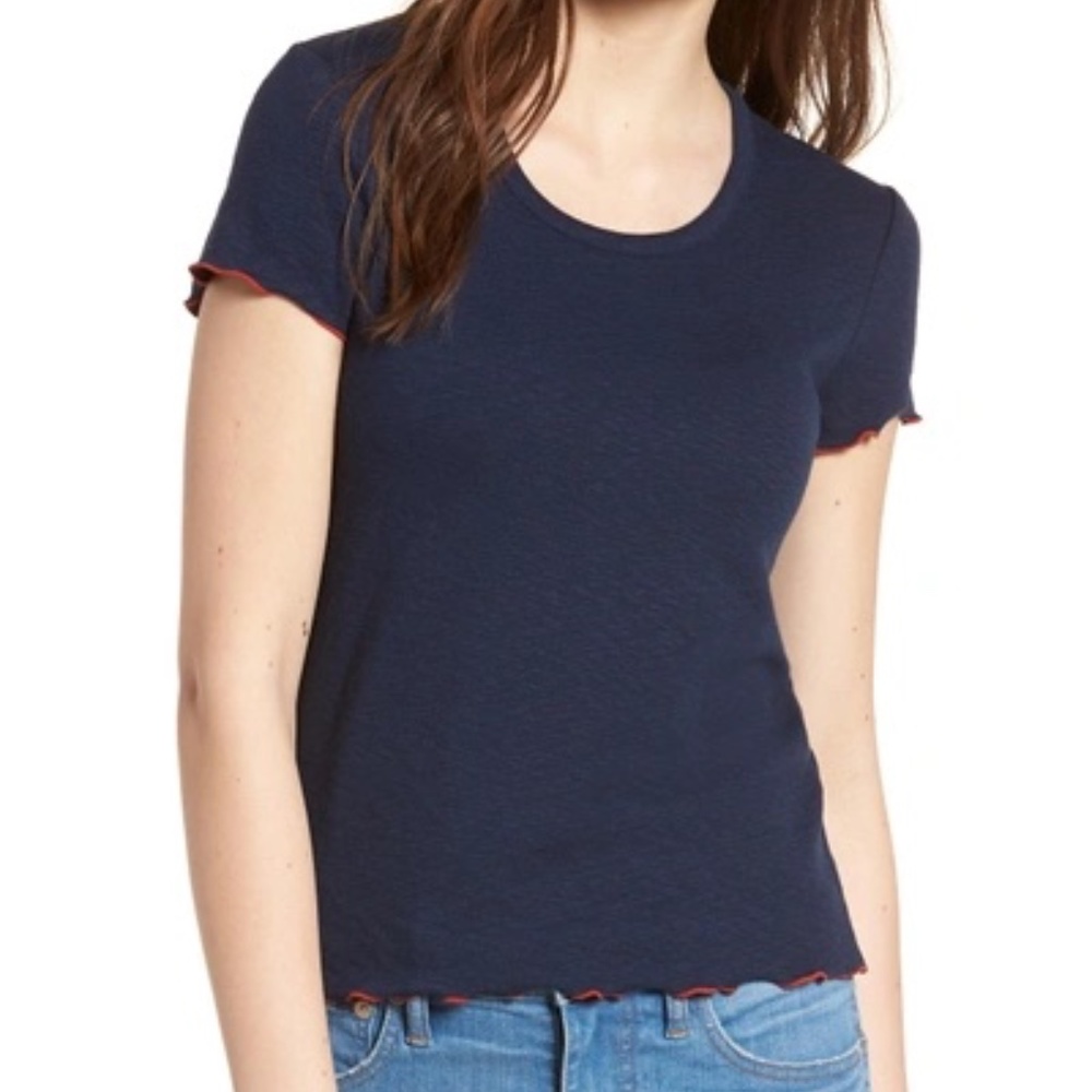 Madewell baby tee - navy with orange lettuce edge trim